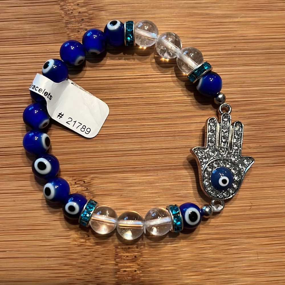 Evil eye stretchy bracelet blue rhinestones quartz NWT